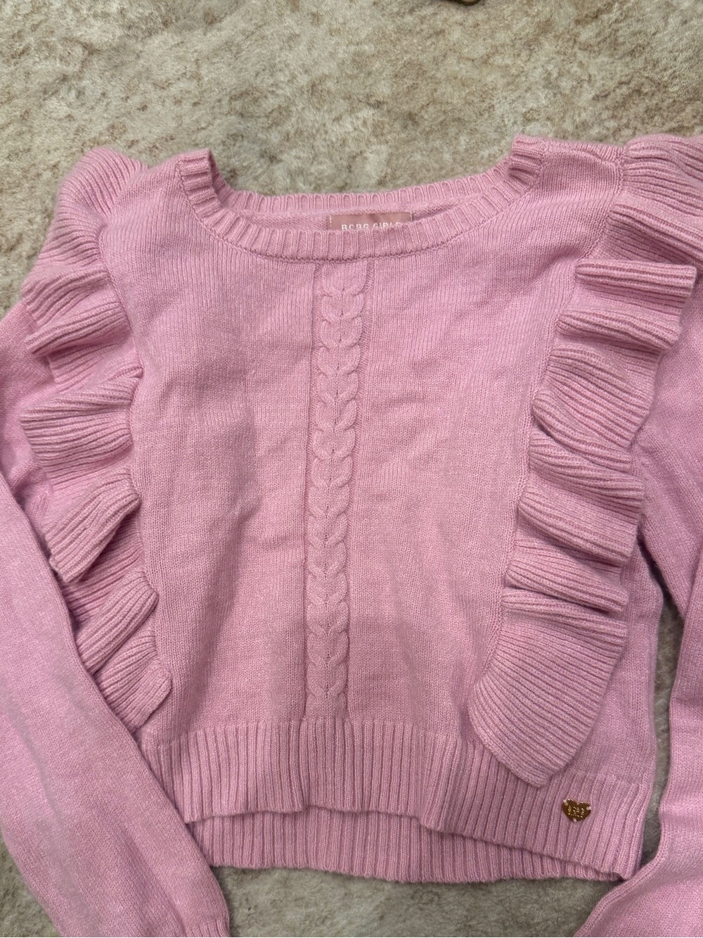 BCBGMaxAzria Dusty Pink Ruffle Cable-Knit Sweater